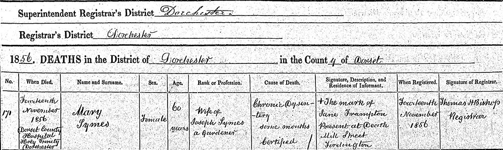 Death Certificate Mary Sims 1856