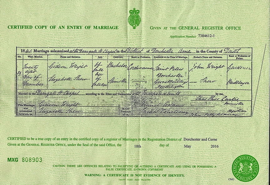 Gideon Wright Marriage Certificate 1841