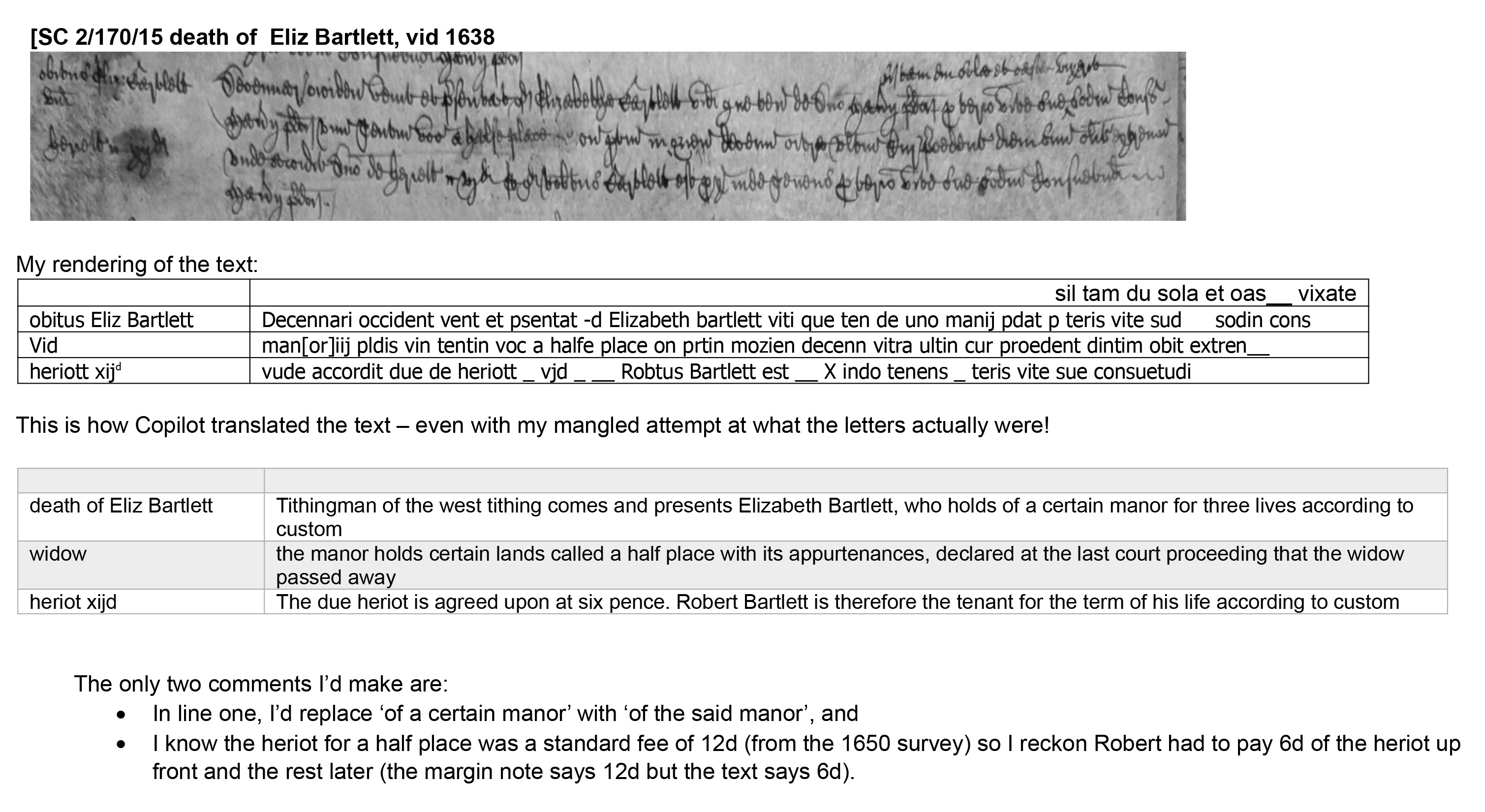 Fordington Manor Court Roll Extract Death Eliz Bartlett 1638